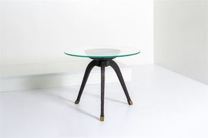 PRODUZIONE ITALIANA - Tavolino in legno zigrinato e piano in vetro temperato. Anni '40 cm 65x80