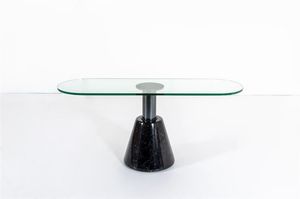 STOPPINO GIOTTO - Tavolino con base in marmo e alluminio verniciato   piano in vetro. Prod. Acerbis anni '80 cm 58x131x40 5