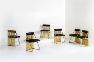 REGA ROMEO - Sei sedie con struttura in ottone lucido  cuscini imbottiti rivestiti in tessuto. Anni '70 cm 77x43x47