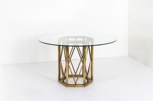 REGA ROMEO - Tavolo in ottone lucido  piano in vetro molato. Anni '70 cm 76 5x130