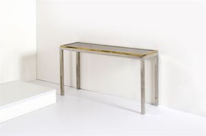 REGA ROMEO - Console in ottone lucido e metallo  piano in vetro. Anni '70 cm 76x41x140
