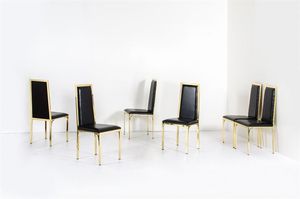 REGA ROMEO - Sei sedie in ottone con schienali e sedili imbottiti rivestit in pelle. Anni '70 cm 109x50x50