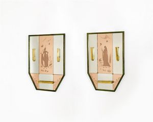 PRODUZIONE ITALIANA - Coppia di specchiere con cornice in legno verniciato  diffusori in ottone. Anni '40 cm 86x60