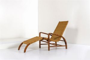 PRODUZIONE ITALIANA - Poltrona trasformabile in chaise longue in legno e corda Anni '50 cm 90x63x160