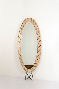 CRISTAL ART - Specchiera con cornice a tasselli di vetro colorato  cornice e piede d'appoggio ottone. Anni '60 cm 206x81