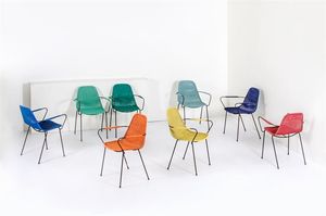 LEGLER GIANFRANCO - Otto sedie con struttura in tondino di metallo verniciato  sedute in plastica intrecciata. Anni '50 cm 80x57x5 [..]