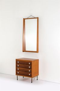 COSLIN GEORGE - Piccola cassettiera con specchio in legno di teak  gambe e pomoli in alluminio. Prod. 3V Arredamenti anni '60  [..]