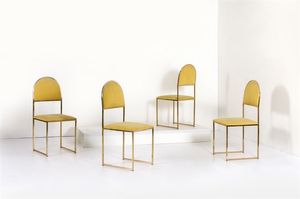 REGA ROMEO - Quattro sedie con struttura in ottone  sedili e schienali imbottiti rivestiti in tessuto. Anni '70 cm 102x46x4 [..]