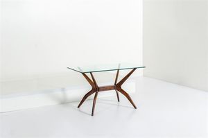 PRODUZIONE ITALIANA - Tavolino con struttura in legno  piano in vetro molato. Anni '50 cm 49x82x41
