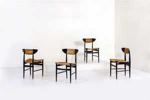 WEGNER HANS (attribuito) - Quattro sedie in legno laccato  sedili e schienali in corda. Anni '50 cm 74x45x45