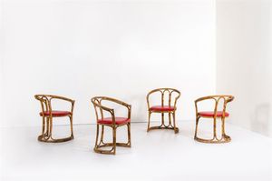 BONACINA - Quattro sedie in giunco  seduta imbottita rivestita in pelle. Anni '50 cm 77x63x57