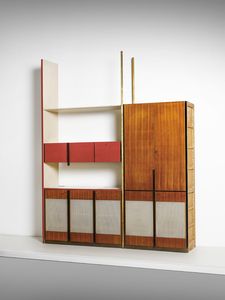GRASSI LILIANA (1923 - 1985) - Mobile ad incasso su disegno a due campate con ripiano a giorno, stipi, guardaroba, esecuzione Serafino Arrighi, Cant�
