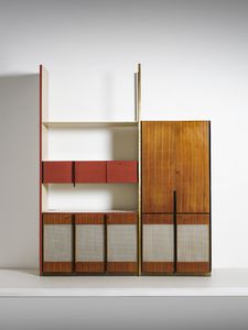 GRASSI LILIANA (1923 - 1985) : Mobile ad incasso su disegno a due campate con ripiano a giorno, stipi, guardaroba, esecuzione Serafino Arrighi, Cant�  - Asta Asta 476 | DESIGN E ARTI DECORATIVE DEL NOVECENTO Online - Associazione Nazionale - Case d'Asta italiane
