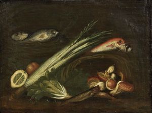Scuola Italia centrale inizio XVIII secolo - Natura morta con pesci e ortaggi