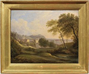 Ignoto lombardo prima met del XIX secolo - Paesaggio con monastero e Paesaggio con edificio neoclassico
