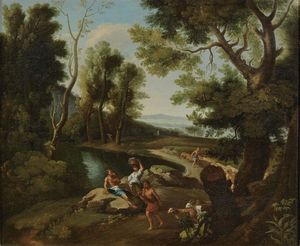Scuola francese inizio XVIII secolo - Paesaggio tempestoso con fulmine e figure e Paesaggio arcadico fluviale con figure e armenti