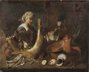 Anton Maria Vassallo - Donna con lepre, gallo e gatto