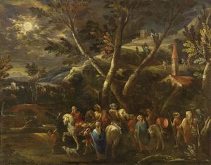 Scuola fiamminga fine XVII secolo - Paesaggio con pellegrini in viaggio
