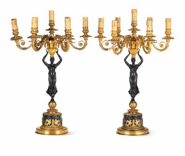 Coppia di candelabri in bronzo. XIX secolo  - Asta Sei Secoli di Arti e Arredi - Associazione Nazionale - Case d'Asta italiane