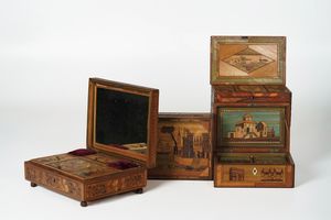 Sei scatole in legno rivestite in paglia colorata. Italia, XIX secolo  - Asta Sei Secoli di Arti e Arredi - Associazione Nazionale - Case d'Asta italiane