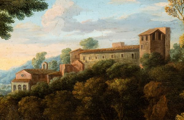 Artista attivo a Roma, prima metà XVIII secolo : Paesaggio con ponte, cavaliere e due figure  - Asta Dipinti dal XIV al XIX secolo, con una selezione di sculture - Associazione Nazionale - Case d'Asta italiane