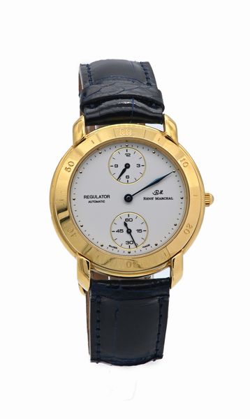 Ren� Marchal Regulator Automatic - Orologio da polso automatico da uomo in metallo placcato oro giallo. Fondo scheletrato  - Asta Asta a Tempo - Orologi da Tasca da Polso e da Tavolo - Associazione Nazionale - Case d'Asta italiane
