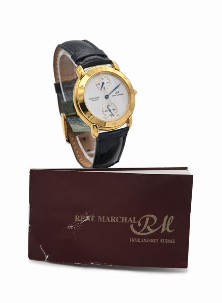 Ren� Marchal Regulator Automatic - Orologio da polso automatico da uomo in metallo placcato oro giallo. Fondo scheletrato  - Asta Asta a Tempo - Orologi da Tasca da Polso e da Tavolo - Associazione Nazionale - Case d'Asta italiane