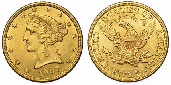 USA. REPUBLIC. 5 Dollars Coronet Head 1907. Zecca di Philadephia, Pennsylvania.  - Asta Numismatica - Associazione Nazionale - Case d'Asta italiane