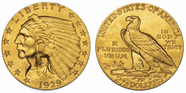 USA. REPUBLIC. 2,5 Dollars Indian Head 1929. Zecca di Philadephia, Pennsylvania.  - Asta Numismatica - Associazione Nazionale - Case d'Asta italiane