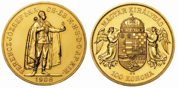 UNGHERIA. FRANZ JOSEPH, 1848-1916. 100 Korona 1908. Riconio.  - Asta Numismatica - Associazione Nazionale - Case d'Asta italiane