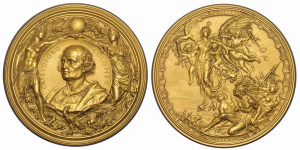 GENOVA. IV CENTENARIO DELLA SCOPERTA DELL’AMERICA. Medaglione in bronzo dorato 1892.  - Asta Numismatica - Associazione Nazionale - Case d'Asta italiane