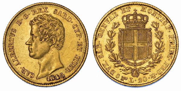 REGNO DI SARDEGNA. CARLO ALBERTO DI SAVOIA, 1831-1849. 20 Lire 1845. Torino.  - Asta Numismatica - Associazione Nazionale - Case d'Asta italiane