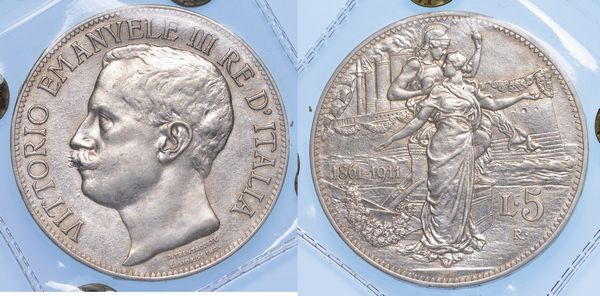 REGNO D�ITALIA. VITTORIO EMANUELE III DI SAVOIA, 1900-1946.<BR><BR> 5 Lire 1911. Cinquantenario.  - Asta Numismatica - Associazione Nazionale - Case d'Asta italiane