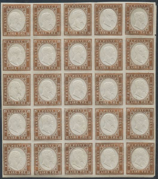 Sardegna - 3 Lire blocco di 25  - Asta Francobolli e Storia Postale - Associazione Nazionale - Case d'Asta italiane