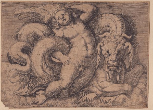 Giovanni Andrea Maglioli, copia da : Putto con un serpente marino - Due putti che cavalcano un mostro marino  - Asta Stampe antiche e moderne, disegni e carte geografiche - Associazione Nazionale - Case d'Asta italiane