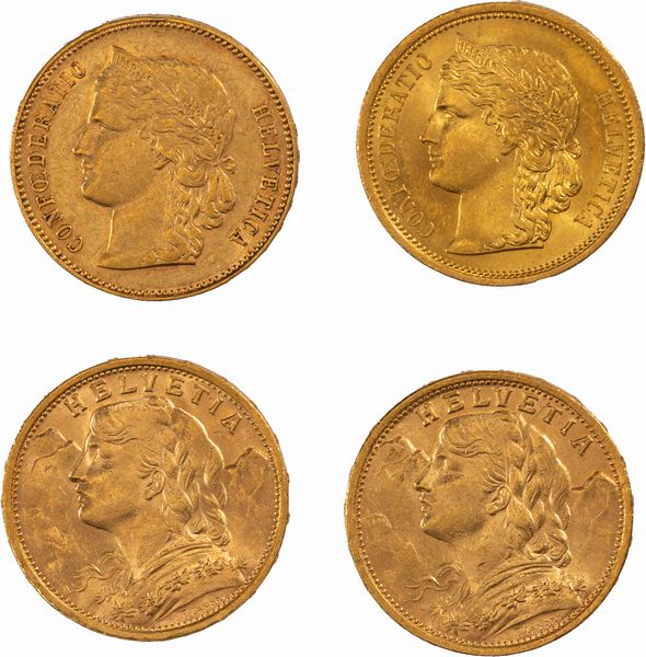 Svizzera, CONFEDERAZIONE (dal 1848) : Lotto di quattro esemplari del 20 franchi  - Asta Numismatica - Associazione Nazionale - Case d'Asta italiane