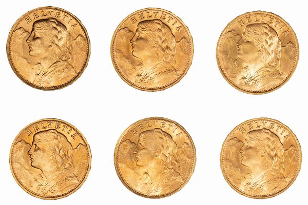 Stato Federale Svizzero - lotto di 6 monete da 20 Franchi  - Asta Numismatica - Associazione Nazionale - Case d'Asta italiane