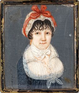 Miniaturista del XIX secolo - Ritratto di gentildonna con cuffia di merletto e nastro rosso