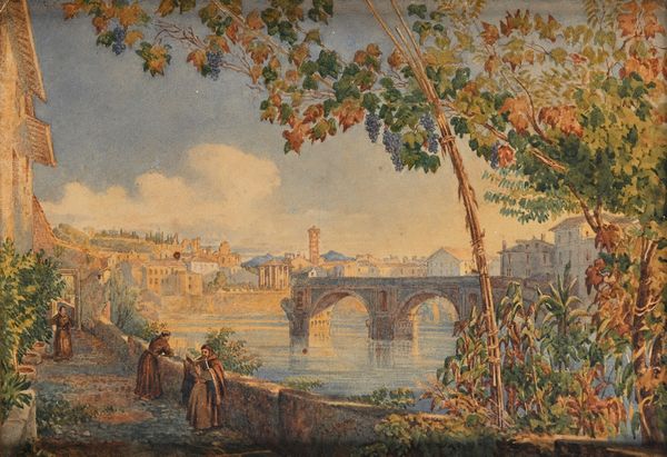 SCUOLA ROMANA DEL XIX SECOLO : Veduta di Roma con ponte Rotto  - Asta Disegni antichi - Associazione Nazionale - Case d'Asta italiane