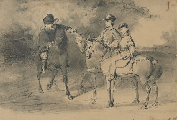 Scuola Inglese XIX secolo : Tre giovani a cavallo  - Asta Disegni antichi - Associazione Nazionale - Case d'Asta italiane