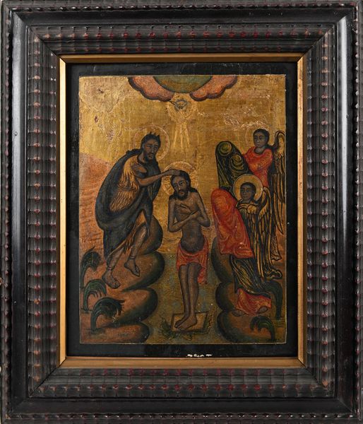 Scuola bizantina del XVIII secolo : A) Battesimo di Cristo B) Annunciazione Coppia di oli su tavola su sfondo oro  - Asta Disegni antichi - Associazione Nazionale - Case d'Asta italiane