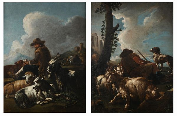 Philipp Peter Roos : Coppia di paesaggi con pastori e armenti  - Asta Disegni antichi - Associazione Nazionale - Case d'Asta italiane