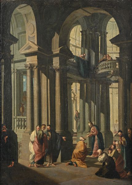 Scuola veneta del XVIII secolo : Capriccio con rovine architettoniche e figure  - Asta Disegni antichi - Associazione Nazionale - Case d'Asta italiane