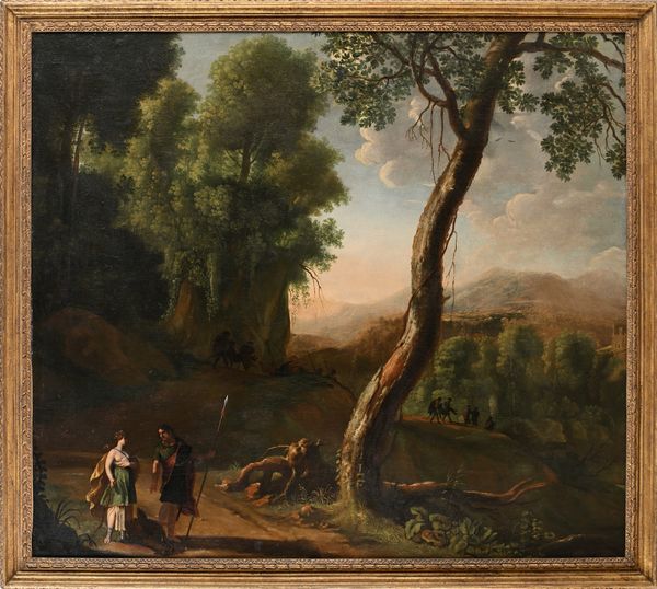 Herman  van Swanevelt : Paesaggio boschivo con Meleagro che mostra a Atlanta la testa del Cinghiale Calidonio  - Asta Disegni antichi - Associazione Nazionale - Case d'Asta italiane