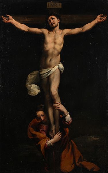 PITTORE DEL XVIII SECOLO : Cristo in croce con la Maddalena  - Asta Disegni antichi - Associazione Nazionale - Case d'Asta italiane