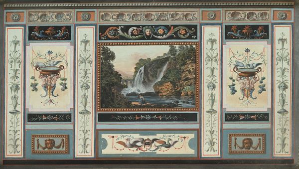 Scuola romana del XVIII secolo : Paesaggio inscritto tra grottesche  - Asta Disegni antichi - Associazione Nazionale - Case d'Asta italiane