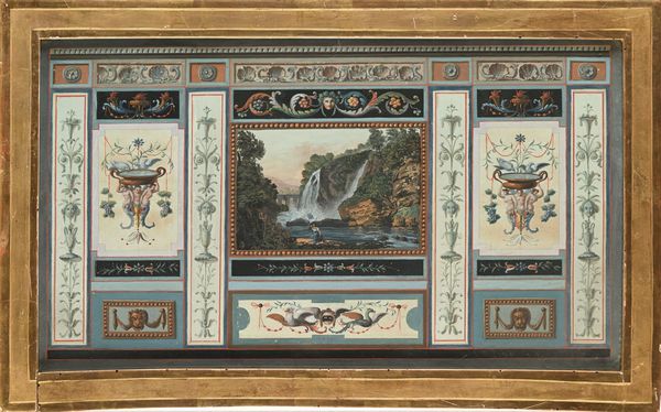 Scuola romana del XVIII secolo : Paesaggio inscritto tra grottesche  - Asta Disegni antichi - Associazione Nazionale - Case d'Asta italiane