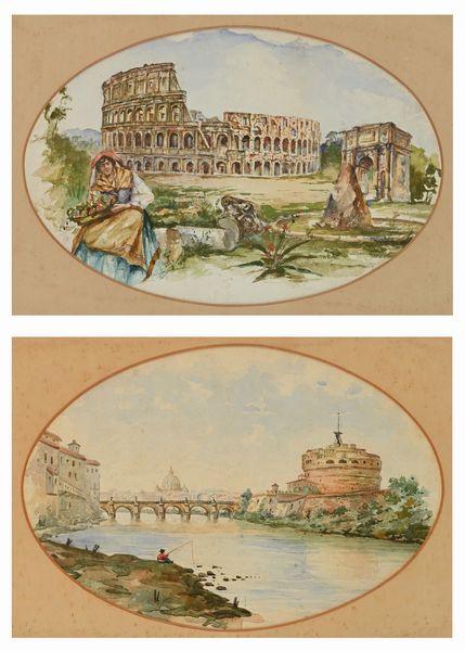 Coppia di acquarelli di vedute di Roma a) Ponte Sant'Angelo b) Colosseo  - Asta Disegni antichi - Associazione Nazionale - Case d'Asta italiane