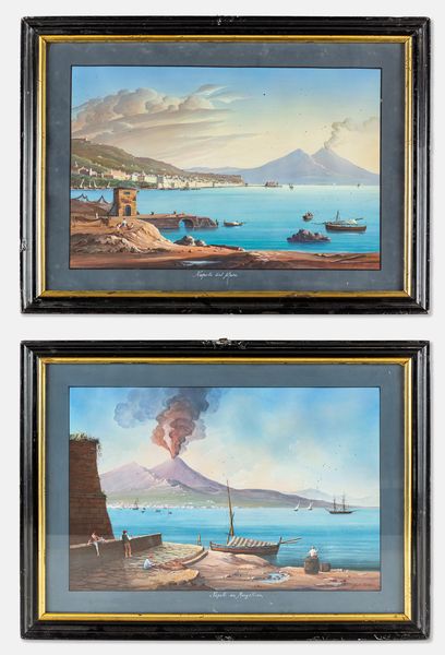 Pittore della fine del XIX secolo : a) Napoli da Mergellina  b) Napoli dal mare  - Asta Disegni antichi - Associazione Nazionale - Case d'Asta italiane
