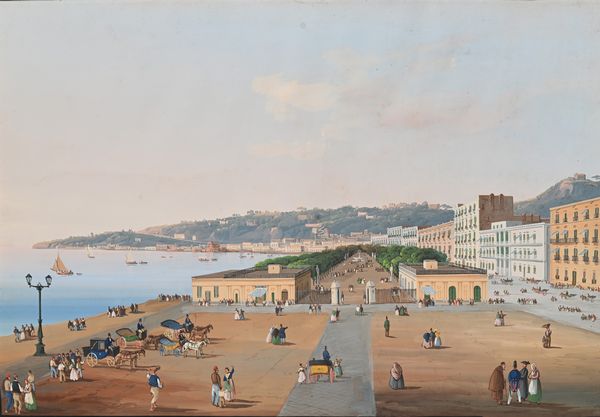 Pittore napoletano del XIX secolo : Villa reale con carrozze  - Asta Disegni antichi - Associazione Nazionale - Case d'Asta italiane